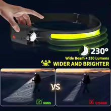 Lampe frontale à capteur LED, Rechargeable, torche frontale, batterie intégrée, 5 Modes d'éclairage,